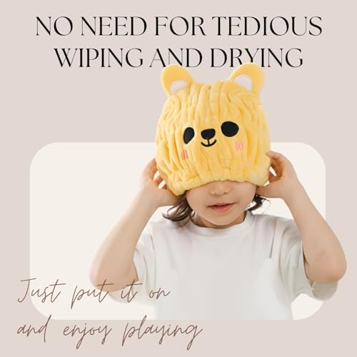 Microfiber Hair Towel Wrap for Kids, Yellow Bear Toddler Quick Dry Cap - Image 6