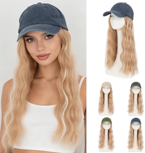 Rich Choices Hat Wigs for Women,Denim Blue Baseball Cap with Hair Extensions for Women,Caps with Wavy Curly Long Hair Attached Adjustable Baseball Cap Wig 18 Inch Highlighted Honey Blonde Hair by RichChoices