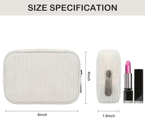 E-Tree Cute Small Makeup Bag,Cosmetic Toiletry Make up Little Items Pouch for Purse,Zipper Mini Tech Charger Cable Electronic Organizer Case,Travel Accessories for Women Men Teen,White Corduroy - Image 2