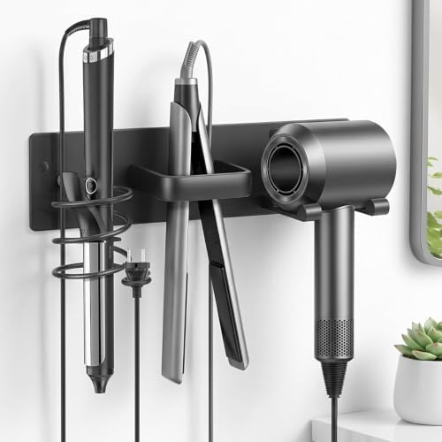 3-in-1 Aluminum Hair Dryer Holder, Matte Black Styling Tools Rack - Image 3