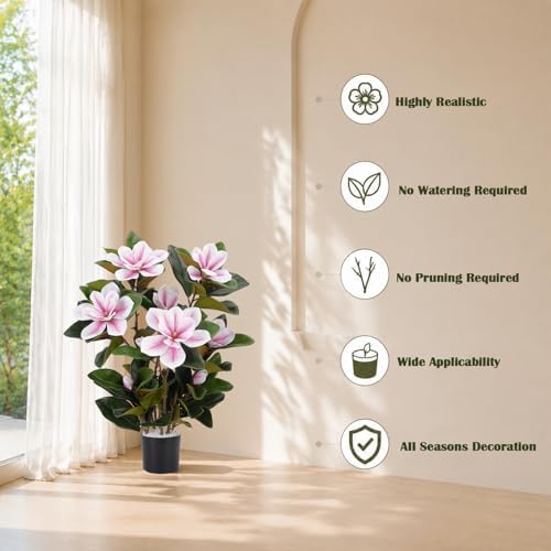 27.5" Fake Potted Plants Artificial Magnolia Flowers for Outdoors, Pink - Image 3