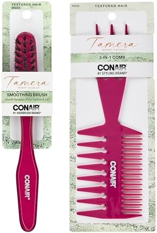 CONAIR x Tamera Mowry Collection Smoothing Brush and 3 in 1 Comb Set- slick back hairbrush to smooth flyaways - perfect to section or tease hair - sleek ponytail bun - 2 piece bundle by conair