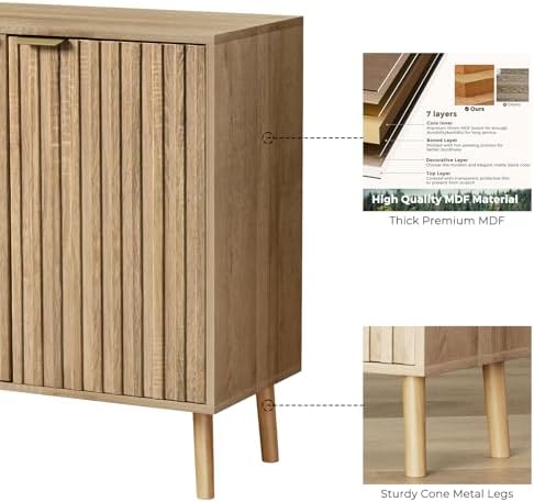 Vrullu Fluted Storage Cabinet, Freestanding Buffet Cabinet with Adjustable Shelf, Wood Sideboard, Multifunctional Accent Storage for Living Room, Hallway, Entryway, Dining Room (4, Oak) - Image 6