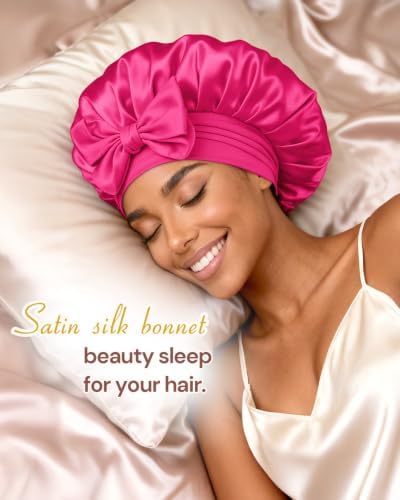 BONNET QUEEN Satin Bonnet Silk Bonnet for Sleeping Hair Bonnet Tie Bonnet for Women with Stretch Band Natural Hair Hot Pink - Image 2