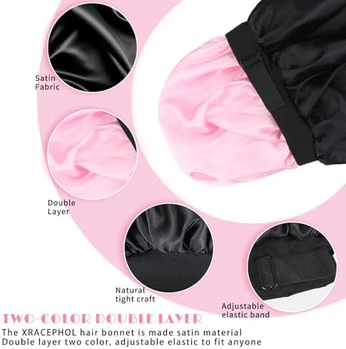 Double Layer Adjustable Satin Bonnets for Sleeping (Black and Pink) - Image 3