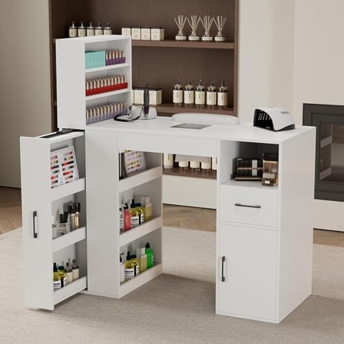 Professional Nail Desk for Nail Tech with Storage Cabinet and Fan – Modern Nail Table for Salon, Nail Tech Table with Drawer, Armrest & Dust Collector,Manicure Table Nail Desk by GOFEI