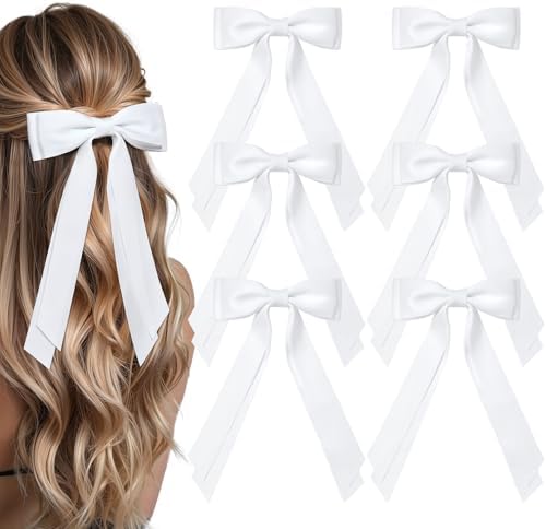 6PCS White Hair Bows, Large Ribbon Bow Hair Clips for Girls Women Cute Ponytail Holder Accessories for Toddlers Kids Teens by AILEAM