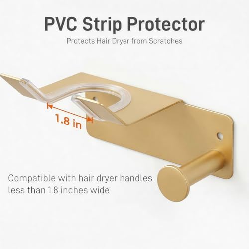 Hair Dryer Holder, Blow Dryer Holder with Cord Hook SUS304 Stainless Steel Wall Mount, Self Adhesive/Screw Space Saving Hairdryer Holder for Bathroom Gold - Image 3