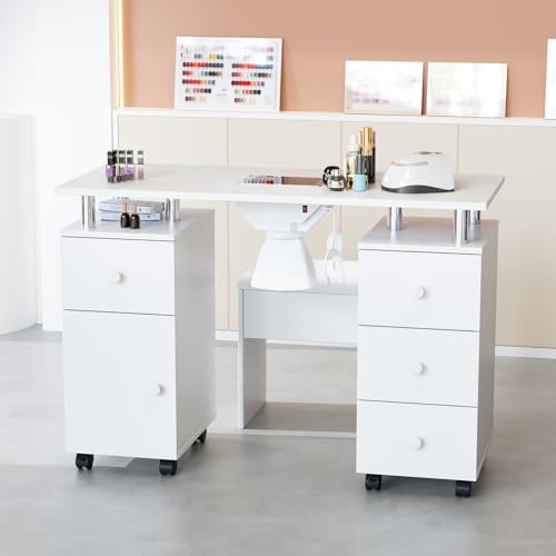 OmySalon Nail Desk and Chair Set, with Stool, Dust Collector, Arm Rest & Wheels, Acetone Resistant Desktop, Manicure Table Nail Table Station for Nail Tech w/Drawers Storage (White) - Image 7