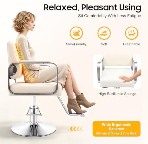 Salon Chair for Hair Stylist w/Heavy Duty Hydraulic Pump, 360° Swivel Spa Beauty Equipment for Hair Stylist Women Man, Hair Salon Barber Chair Beauty Barbering Chair, Load 441 Lbs (Beige-white+Sliver) - Image 2