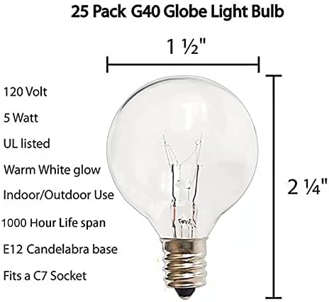 G40 Replacement Bulbs Outdoor, 120V 5W Clear, E12 Base, 25PK - Image 6