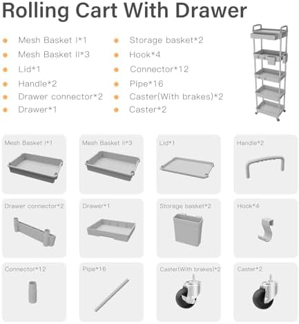 5 Tier Rolling Utility Cart with Drawer,REBECAT Utility Cart Made of Multifunctional Storage Organizer Tool for Kitchen,Bathroom,Living Room,Office(Gray) - Image 4