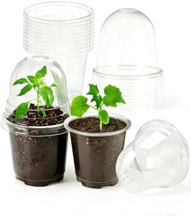 JOPY 4 Inch Plastic Nursery Pots with Humidity Dome for Plants 20 Pack Clear Seedlings Planting Pots for Garden Indoor and Outdoor Small Planter Containers with Drainage Holes by JOPY