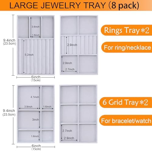 Set of 8 Stackable Jewelry Organizer X-Large Velvet Jewellry Trays Jewelryy Drawer Inserts, Earring Ring Brooch Necklace Bracelet Watch Display Plate with Removable Dividers - Image 4