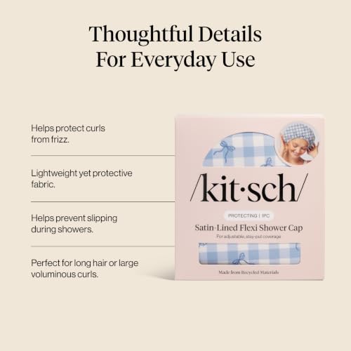 Kitsch Luxury Satin-Lined Flexi Shower Cap for Women - Gingham Blue - Image 5