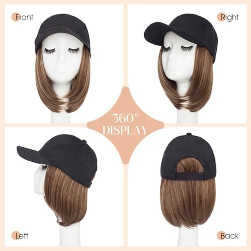 Rich Choices Hat Wigs for Women,Black Baseball Cap with Hair Extensions for Women,Short Bob Hairstyle Caps with Hair Attached Adjustable Baseball Cap Wig 6 Inch-Highlighted Dark Brown Hair - Image 5
