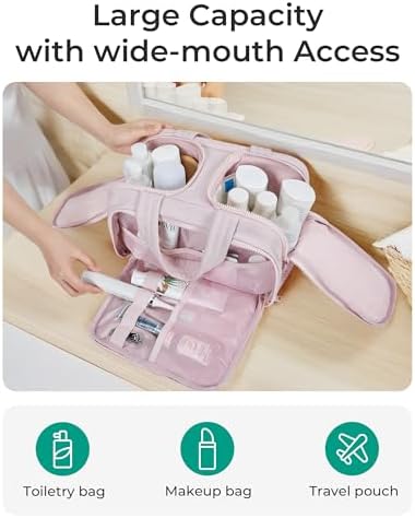 BAGSMART Travel Toiletry Bag, Crush Toiletry Bag for Women, Wide-open Puffy Toiletry Bags for Traveling, Large Travel Cosmetic Makeup Bag Organizer for Accessories,Toiletrie, Pink - Image 3
