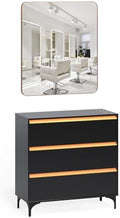 OmySalon Salon Station for Hair Stylists, Barber Free Standing Styling Cabinet with 3 Drawers, Square Mirror & Hair Dryer Holders, Modern Black Gold Beauty Dresser for Salon, Spa, Home by OmySalon