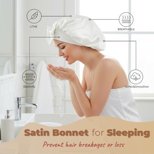 White Satin Bonnet for Sleeping Women Curly Hair Large Silk Bonnet with Tie - Image 4