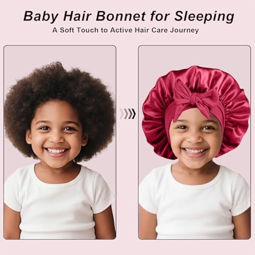 3 Pcs Kids Silk Bonnet for Sleeping-Baby Kids Satin Hair Bonnet for Curly Hair Girls Boys with Wide Elastic Band,Sleeping Cap for Teens Toddler (Wine Red+Black+Blush Pink) - Image 5