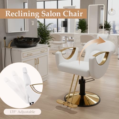 Reclining Barber Salon Chair for Hair Stylist, Professional Hair Stylist Chairs with Heavy Duty Hydraulic Pump, Hairdresser Braiding Styling Shampoo Chair for Spa Home Euipment, White Gold - Image 3