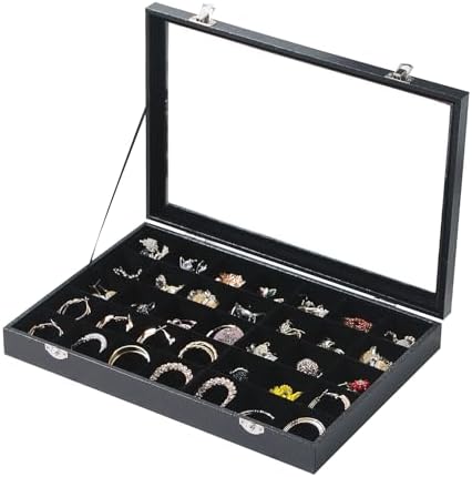 Coward Ring Earring Jewelry Organizer Box, 35 Grids Dustproof Display Holder Case, Black Velvet Jewelry Bead Display Tray Case with Transparent Glass Lid for Momen Girls by FocusOnJewelryDisplay15yrs
