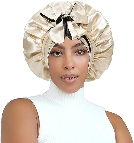 CHLINS Satin Bonnet Silk Sleep Cap Hair Bonnets for Women Stretchy Tie Band Hair Cap for Curly Hair Silk Hair Wrap(Champagne+Black) - Image 2