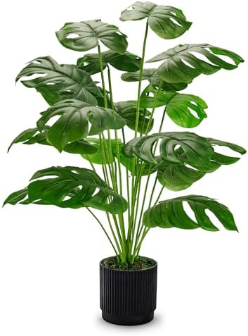 Der Rose 28" Fake Plants, Monstera Floor Plant, Black Pot for Office Decor by DerRose