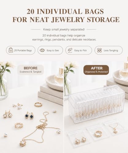 HOMEHIVE Acrylic Jewelry Box Organizer, Clear Jewelry Organizer and Storage with 20 Portable Anti Tarnish Jewelry bags, Travel Jewelry Case for Earrings/Rings/Necklaces Gifts for Women Girls, Clear - Image 5