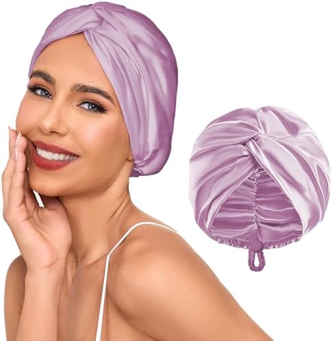 Adjustable Silk Satin Hair Bonnet for Sleeping Women, Double Layer, Silk Hair Wrap for Sleeping Women Men, Curly Natural Braid Straight Unisex - Lavender by Baqzqudnl