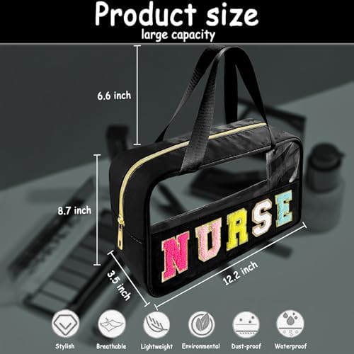 Bunliuys Chenille Letter Clear Makeup Bag with Nurse Patch, Travel Toiletry Makeup Bag with Handle, Nylon Waterproof Cosmetic Bag, Preppy Patch Makeup Bag for Women (NURSE-Black) - Image 2