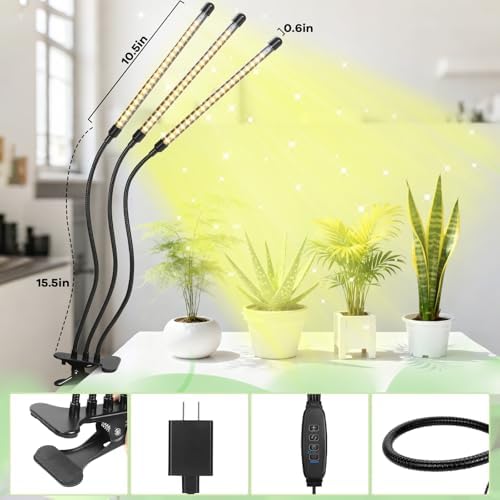 Led Grow Lights, 3 Heads Full Spectrum Plant Light with Clamp for Indoor Plants & Seed Starting, 10-Level Dimmable, Auto On Off, Timing 3 9 12Hrs - Image 2