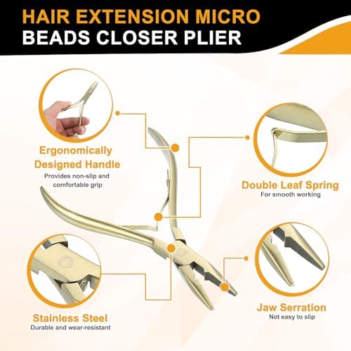 HARFINGTON Hair Extension Beading Tool Kit Stainless Steel Hair Extensions Micro Link Bead Closer and Remover Pliers Micro Ring Loop Needle Pulling Hook and Cutting Scissors, Gold Tone - Image 4