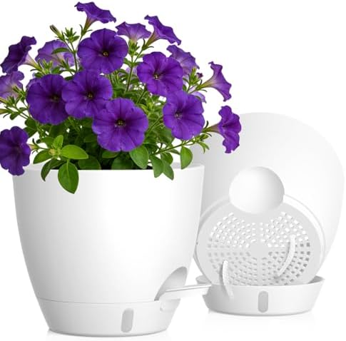 Self Watering Pots with Drainage Holes, 2 Pack 10 Inch Plant Pots with Water Level Indicator Deep Reservoir, Large Plastic Planter for Indoor Outdoor Plants - White by KUGAZ