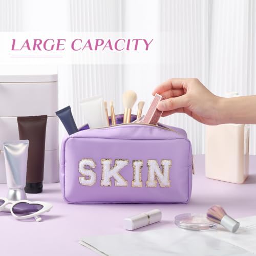 Remerry 4 Pcs Nylon Makeup Bags Waterproof Spacious Travel Cosmetic Bag for Women Chenille Letter Preppy Zipper Pouch Face Stuff Skin Hair Organizer Gift(Dark Green, Light Green, Orange, Yellow) - Image 3