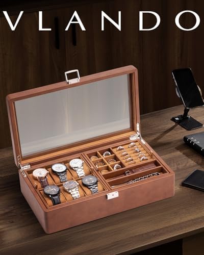 VLANDO Watch Box,Faux Leather Watch Case for Men,Rings Bracelet, Sunglasses, Watch Strap Storage Box Brown - Image 5