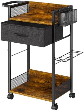 Salon Trolley Cart with Wheels, Mobile Hair Stylist Station with Metal Tool Holder & Basket, Rolling Barber Table with Fabric Drawer, Storage for Salon, Barbershop, Spa & Tattoo, Black by DAOUTIME