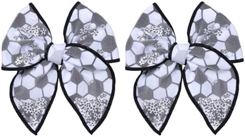 Black White Soccer Hair Bows for Girls, 4" Mesh Tulle Fable Bow Hair Clips by Miroksh