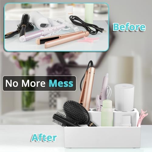 Bivvclaz Hair Tool Organizer, Wooden Hair Dryer Holder Wall Mount, Countertop Hot Tools Organizer for Hair Styling Accessories, Bathroom Supplies Vanity Caddy for Curling Wand, Blow Dryer, White - Image 4