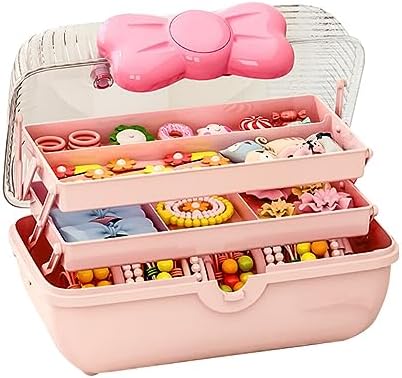 Cute Hair Accessories Organizer 3-Layers Kids Jewelry Storage Box Plastic Hair Accessories holder for Girls (Pink, 10.8 x 5.7 x 5.9 Inch) by GKWW