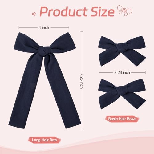 DEEKA Navy Cotton Linen Hair Bows 2 Sizes 5"&3.5" Soft Hair Bow set for Toddler Girls Long Ponytail Knot Bows Alligator Clip Hair Accessories for Little School Girls (Navy) - Image 3