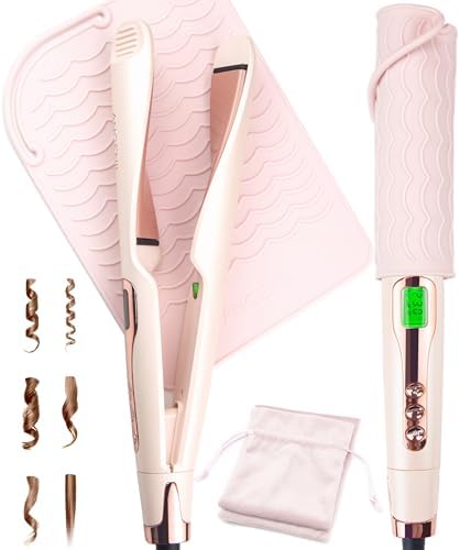ANGENIL Pro Twist Flat Iron Hair Straightener, 2 in 1 Straightener and Curling Iron for Women, Round Pink Dual Voltage Hair Straightener with Silicone Heat Resistant Mat, 30s Fast Heating, LCD Display by ANGENIL