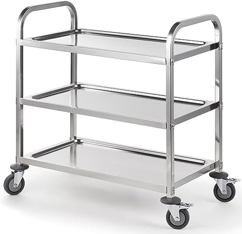 CURTA Stainless Steel Serving Trolley, 34" L x 18" W x 36" H 3 Tiered Shelf Kitchen Utility Cart, Rolling Casters Brake Wheel, Commercial Pro for Restaurant/Hotel/Lab/Clinic/Salon/Workshop by CURTA