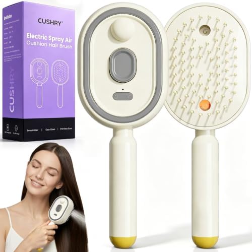 Electric Spray Air Cushion Massage Comb, 2026 Upgrade Electric Steam Hair Brush with Misting Detangling for Dry Frizzy Hair, Self-Cleaning Gloss Enhancing Care Brush for Women (Beige) by Cushry