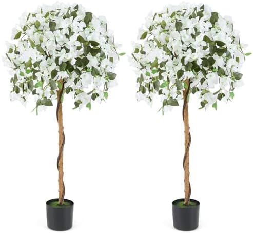 Goplus 53” Bougainvillea Artificial Tree, 2 Pack Faux Silk Flower Tree in Pot w/ 576 Flowers, 288 Leaves, Tall Fake Floor Plant, Artificial Plants for Indoor Outdoor Bedroom Living Room Decor, White by Goplus