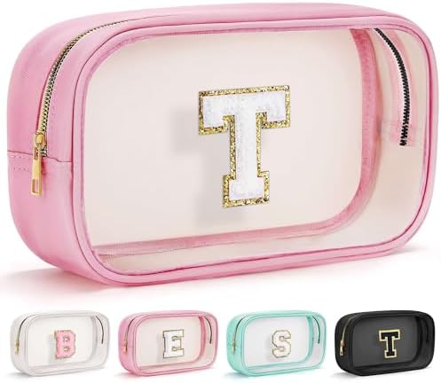 YOOLIFE Travel Toiletry Bag for Women, Pink Clear Makeup Bag Cute Make Up Bag for Women Cosmetic Bags Skin Care Makeup Bag Organizer Birthday Gifts for Women Teacher Mother Girlfriend Initial T by YOOLIFE