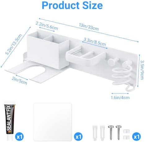 Hair Dryer Holder Wall Mount with 2 Storage Compartments, Aerospace Aluminum Blow Dryer Curling Iron Flat Iron Holder, No Drill Adhesive Bathroom Hair Tool Organizer, Heat Resistant (White) - Image 3