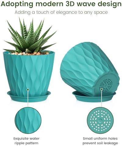 Meowell 5 inch Plant Pots for Indoor Outdoor Plants, 6 Pack Flower Pots with Drainage Holes and Saucers, 3D Modern Wave Texture Small Plastic Planter Pots for Nursery and House Plants, Blue Green - Image 3