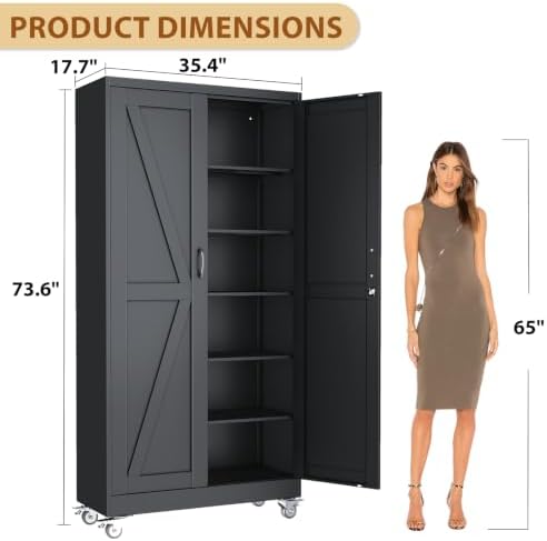 74" Metal Garage Storage Locker Cabinet with Wheels,Rolling Black Lockable Tool Cabinet with 2 Doors and 5 Adjustable Shelves, Steel Office File Cabinet for Home Office Warehouse Gym - Image 3