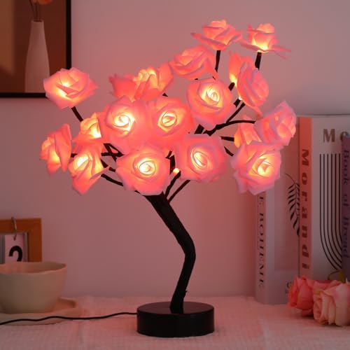 Drawelry Rose Flower Tree Lamp - LED Rose Tree Table Lamp USB/Battery Powered Artificial Bonsai Flower Night Light for Bedroom Living Room Party Wedding Birthday Decor (Pink) - Image 3